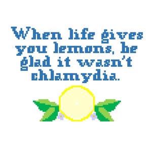 May include: A blue text graphic on a white background that reads "When life gives you lemons, be glad it wasn't chlamydia."  A yellow lemon with green leaves and white flowers is below the text.