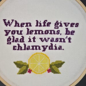 May include: Cross-stitch embroidery in a wooden hoop. The text reads, "When life gives you lemons, be glad it wasn't chlamydia." A yellow lemon with green leaves and red berries is stitched below the text.
