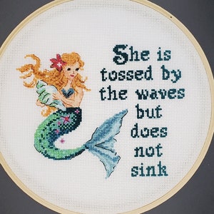 She is tossed by the waves but does not sink - Mermaid Completed Cross Stitch Gift