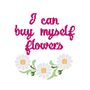 Puede incluir: Texto rosa sobre fondo blanco que dice "Puedo comprarme flores". Tres margaritas blancas con centros amarillos y tallos verdes están dispuestas en semicírculo debajo del texto.