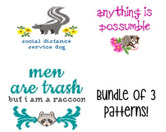 Street Cats Bundle - Opossum, Raccoon, and Skunk - Funny Cross Stitch PATTERNS x 3 - Bundle & Save!