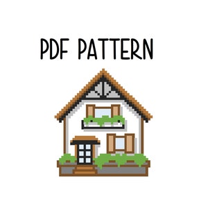 May include: A pixel art pattern of a white house with a brown roof, brown windows, and a brown door. The house has a small balcony with green plants. The text "PDF PATTERN" is above the house.