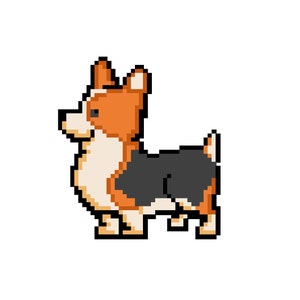 Op de afbeelding: Pixel art-illustratie van een bruine, zwarte en witte corgi-hond.