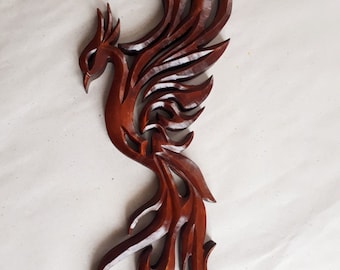 Hand Carved Wooden Phoenix Wall Art – Brown Finish, Mythical Bird Sculpture, 15 in
