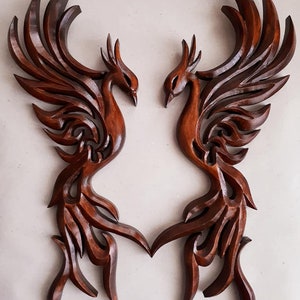 Handmade Linden Wood Phoenix Carving Wall Decor (Set of 2)