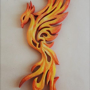 Handgemachte Phoenix Wandschnitzerei aus Holz - feuriger gelber Feuervogel (15 Zoll)