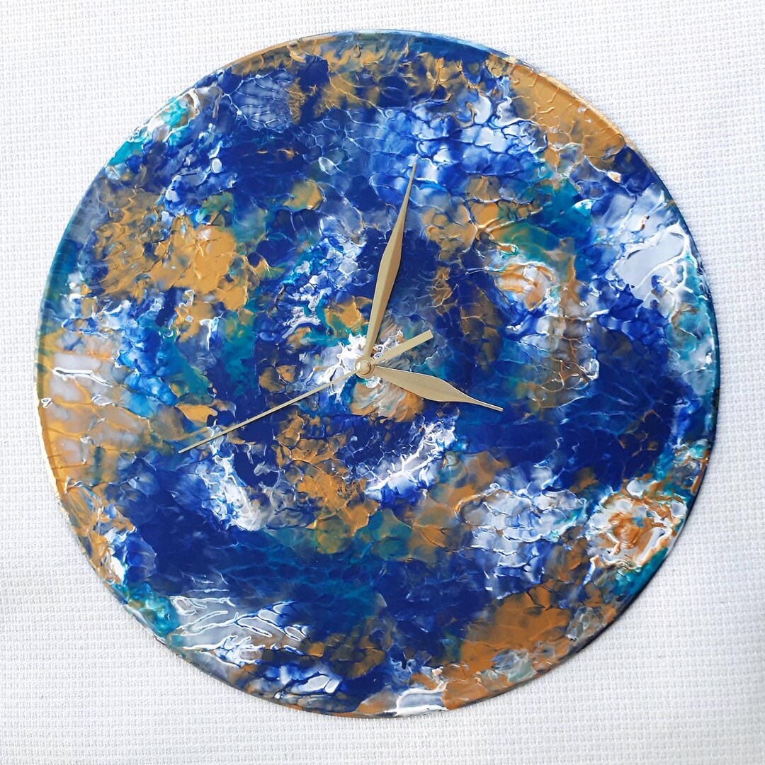 Hand Painted Wall Clock, Abstract Blue Wall Clock, Large 12'' Abstract