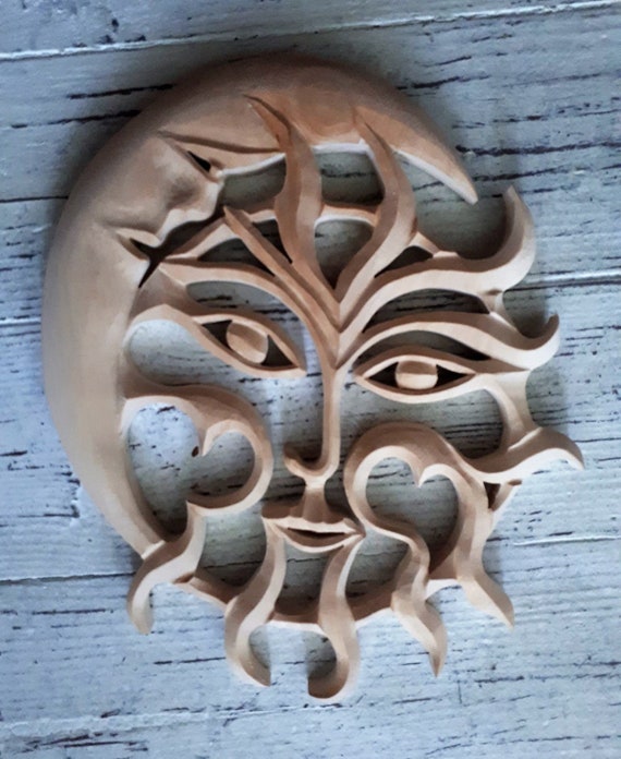Sole e Luna Scultura in legno Sole e Luna Arte murale spirituale Volto di Sole e Luna Etsy Italia