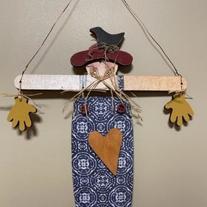 Autumn Scarecrow, fall decoration, Sunflowers, pumpkins, gourds, Halloween art. Scarecrow hanger. October decorations.