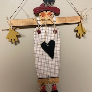 Autumn Scarecrow, fall decoration, Sunflowers, pumpkins, gourds, Halloween art. Scarecrow hanger. October decorations.