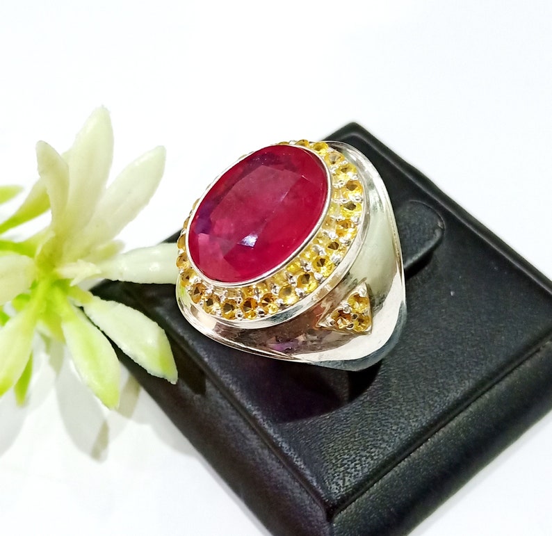 925 Sterling Silver Natural Yellow Sapphire /& Ruby Men Rings Designer Groom Ring Precious Oval Gemstone Rings Ruby Ring Wedding Ring