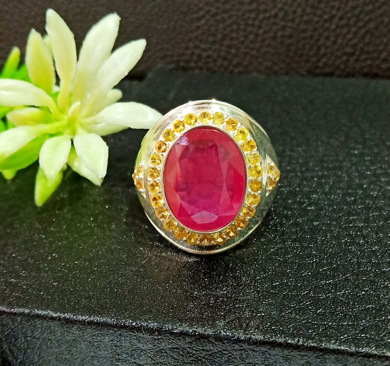 925 Sterling Silver Natural Yellow Sapphire /& Ruby Men Rings Designer Groom Ring Precious Oval Gemstone Rings Ruby Ring Wedding Ring