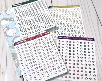 Foiled Single Check Box Stickers - Tiny Rounded Squares, Circle, Hearts, or Stars Checkbox Planner Stickers - 35 Foil Colors - 120 Stickers