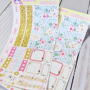 Foiled Hobonichi Weeks Kit - Powderpuff Floral Planner Sticker Kit - Pink and Blue Flower Pattern - Gold Foil Accents - HBW031