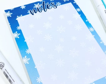 Blue Snowflake Notepad - 25 sheet Note Pad - Winter Themed White Snowy Background - 4x6 Memo Pad
