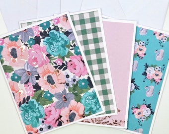 Note Card Set of 4 - Floral Pattern and Green Gingham - Pink and Teal - Rose Gold Foil - Blank Cards with Envelopes