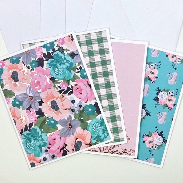 Note Card Set of 4 - Floral Pattern and Green Gingham - Pink and Teal - Rose Gold Foil - Blank Cards with Envelopes