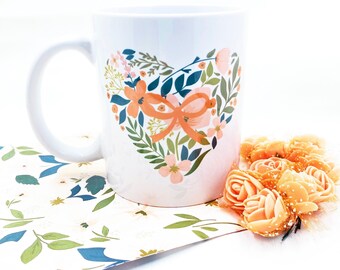 Floral Heart and Bow Mug - 11oz coffee mug - Valentine's Day Mug - Peachy Valentine