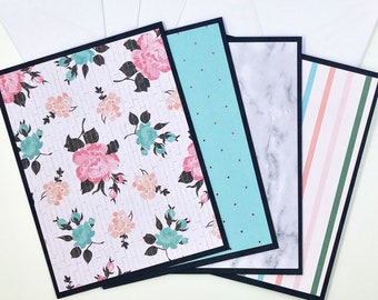 Note Card Set of 4 - Floral, Stripes, Marble, and Polka Dot - Pink and Teal - Black Cards - Rose Gold Foil - Blank Cards with Envelopes