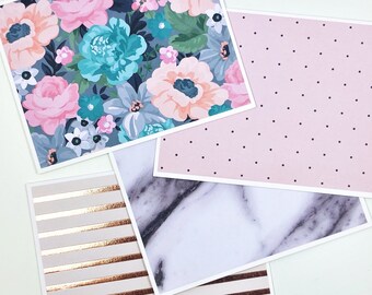 Note Card Set of 4 - Floral, Polka Dots, Marble, Stripes - Pink and Teal - Rose Gold Foil - Blank Cards with Envelopes