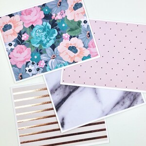 Lot de 4 cartes - Floral, pois, marbre, rayures - Rose et bleu sarcelle - Feuille d'or rose - Cartes vierges avec enveloppes