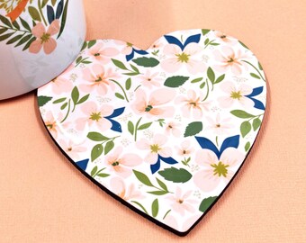 Peach Floral Heart Shaped Mug Coaster - Valentine's Day Coaster