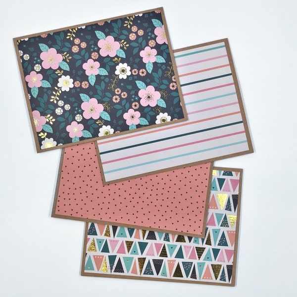 Note Card Set of 4 - Florals, Stripes, Polka Dots, Triangles - Black and Coral - Kraft Note Cards - Blank Cards with Envelopes