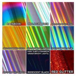 May include: A collection of nine different holographic and iridescent vinyl sheets. The sheets are arranged in a grid with the following labels: Rainbow, Holographic, Holographic Pink, Holographic Gold, Holographic Green (Very Subtle Rainbow Under Bright Lights), Holographic Blue, Holographic Purple, Iridescent Black, and Red Glitter.