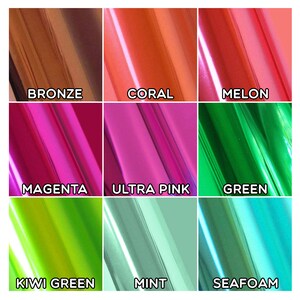 May include: Nine different colors of iridescent vinyl wrap film. The colors are bronze, coral, melon, magenta, ultra pink, green, kiwi green, mint, and seafoam.