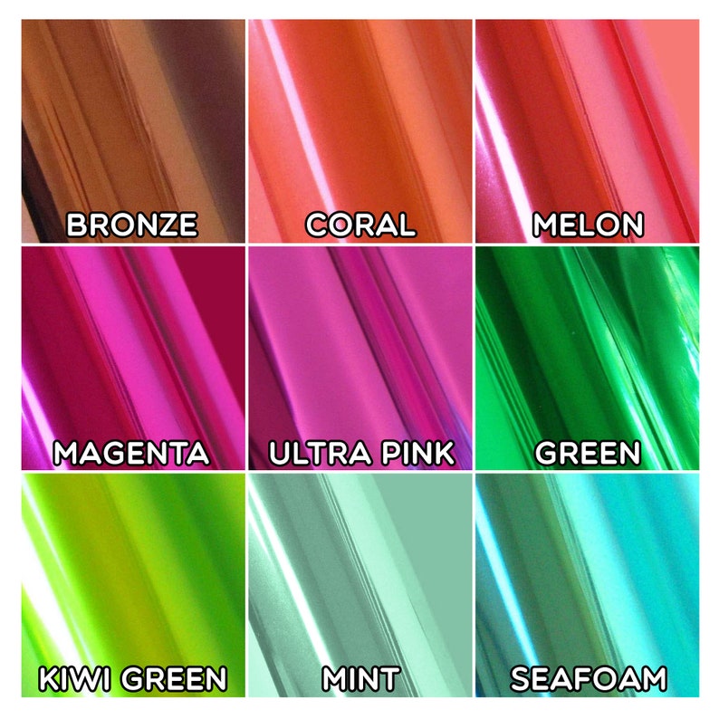 May include: Nine different colors of iridescent vinyl wrap film. The colors are bronze, coral, melon, magenta, ultra pink, green, kiwi green, mint, and seafoam.