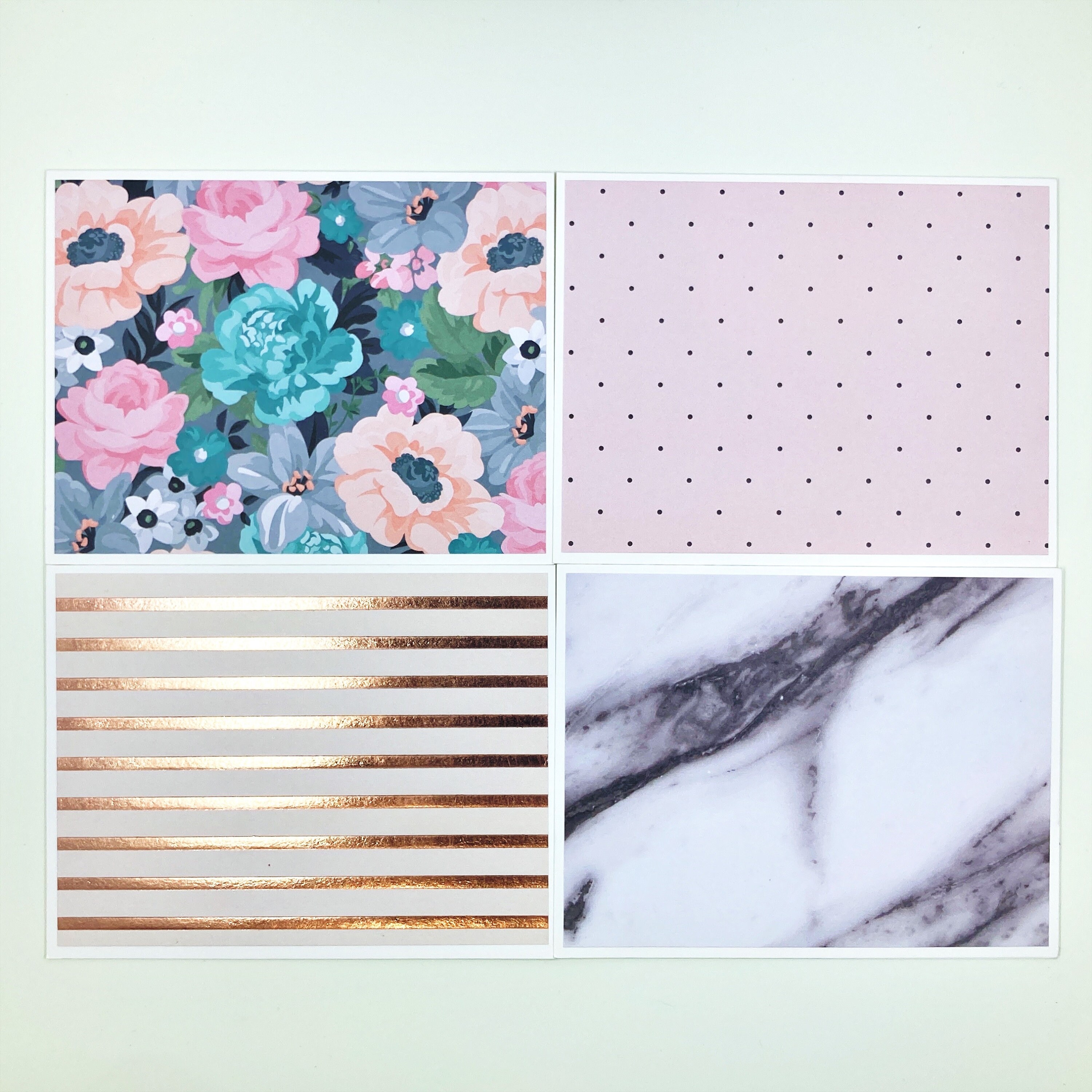Note Card Set of 4 - Floral, Polka Dots, Marble, Stripes