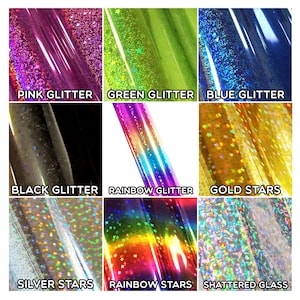 Pink Glitter, Green Glitter, Blue Glitter, Black Glitter, Rainbow Glitter, Gold Stars, Silver Stars, Rainbow Stars, Shattered Glass