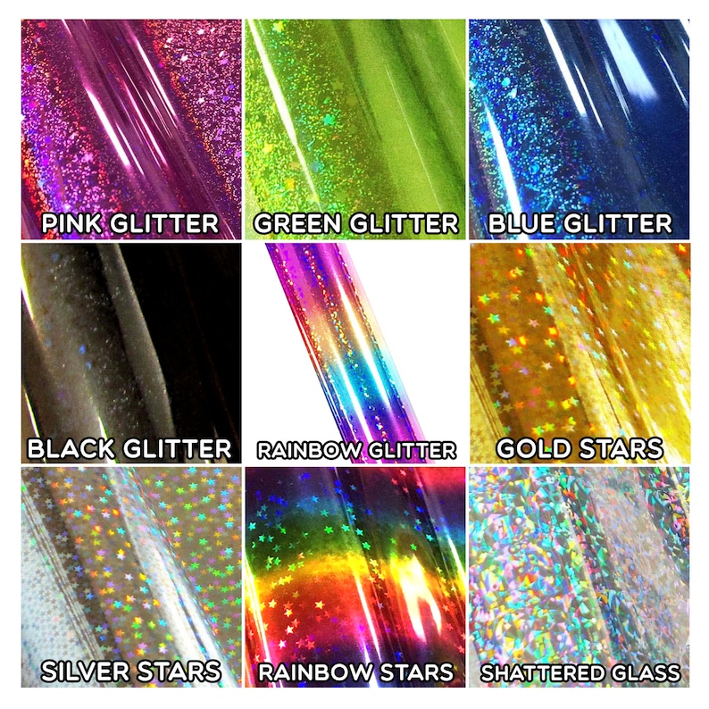 Pink Glitter, Green Glitter, Blue Glitter, Black Glitter, Rainbow Glitter, Gold Stars, Silver Stars, Rainbow Stars, Shattered Glass