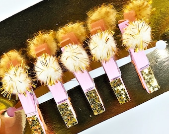 Pink and Gold Glitter Clothespins with Gold Pompoms - Altered Clothes Pins - Small Sized - Decorative Tag Holder - For Garlands - Set of 5