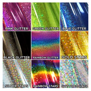 May include: Nine different types of glitter and star-shaped holographic vinyl sheets. The sheets are arranged in a grid with three rows and three columns. The colors include pink, green, blue, black, rainbow, gold, silver, and shattered glass.