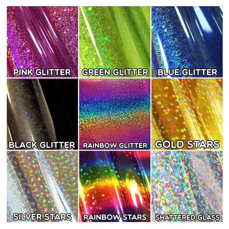 May include: Nine different types of glitter and star-shaped holographic vinyl sheets. The sheets are arranged in a grid with three rows and three columns. The colors include pink, green, blue, black, rainbow, gold, silver, and shattered glass.