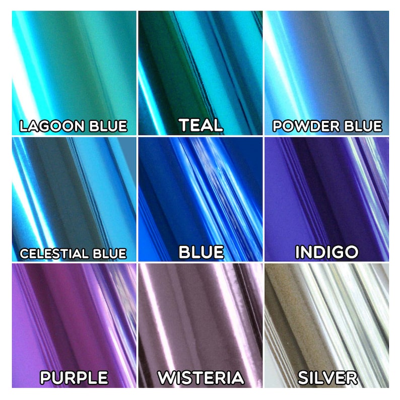 May include: Nine iridescent vinyl samples in various shades of blue, purple, and silver. The colors are labeled: Lagoon Blue, Teal, Powder Blue, Celestial Blue, Blue, Indigo, Purple, Wisteria, and Silver.