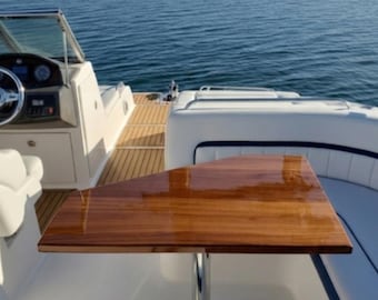 Mesa de teca a medida para embarcaciones - Acabado marino de alto brillo - Mesa de bañera de repuesto para embarcaciones Chaparral - Yates y lanchas motoras. Fabricada bajo pedido.