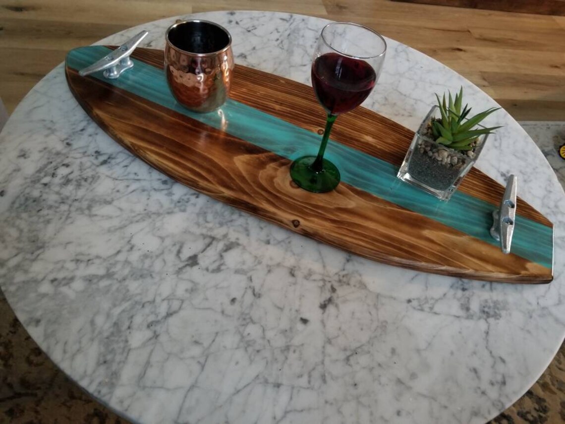 Surfboard serving tray surfers style fun summer beach house