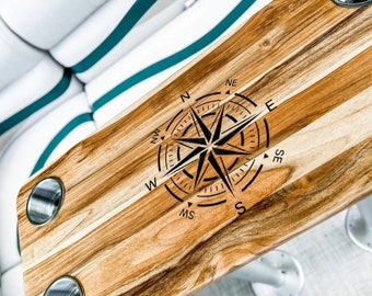 Teak Boat Table | Yacht Cockpit Tabletop with Compass Rose