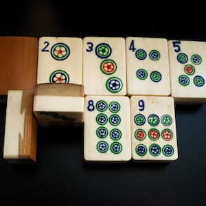 9 Vintage Mahjongg-Steine, Bambus- und Knochenkreise, 9er-Set