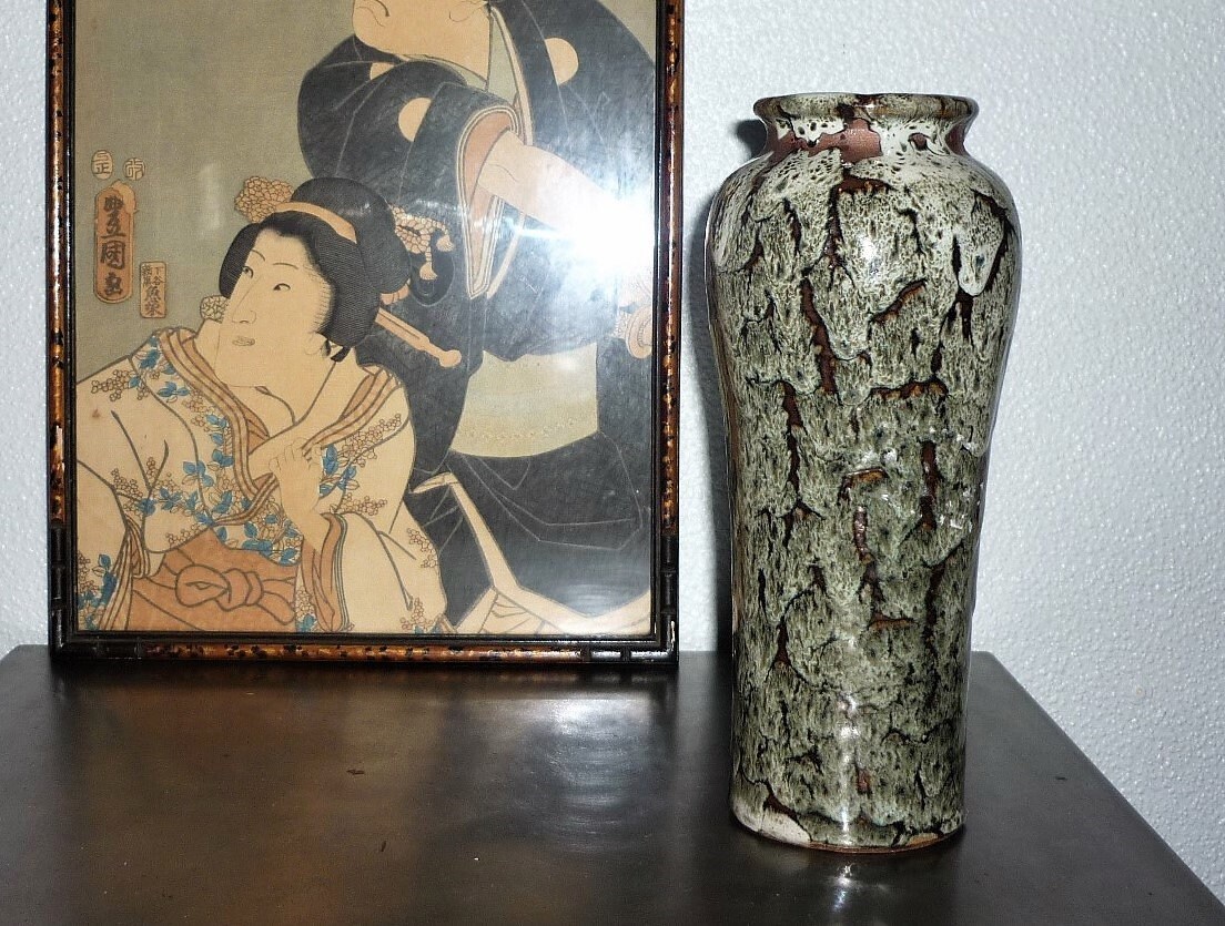 Grand Vase Grès Emaille Chinois Glaçure Chine Style Meiping