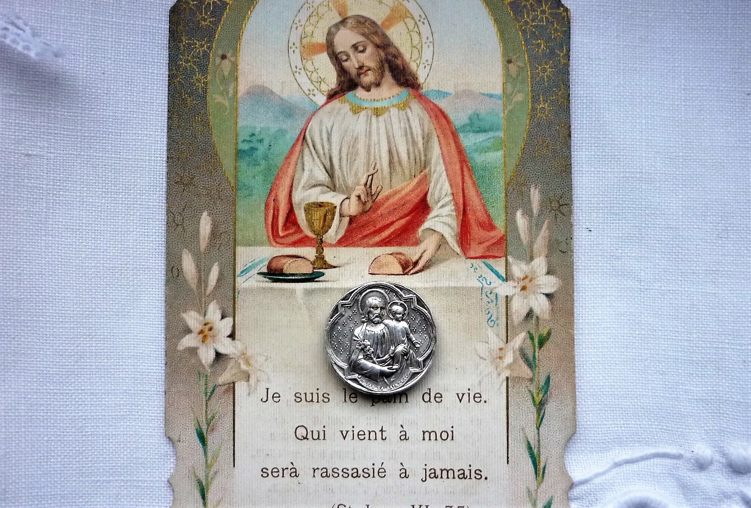 Ancienne Médaille St Joseph Enfant Jesus Xix France Fleurs de Lys