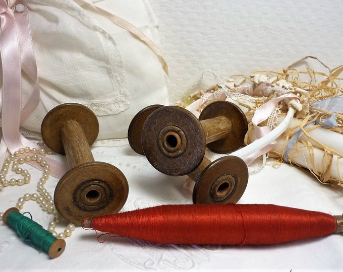 3 Large Wooden SPOOL Industrial THREAD Reel BOBBIN French Haberdashery ...