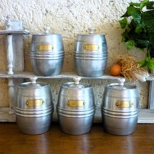 5 antique French aluminum spice pots  french  kitchen   canisters