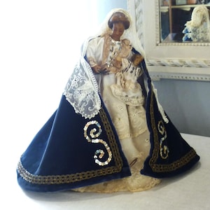 antique french WAX MADONNA and Jesus child mary virgin wax doll Work of nuns XIX