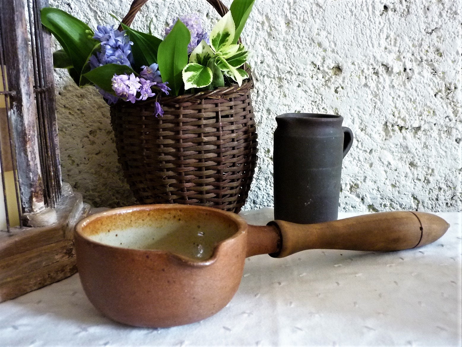 Ancien Ustensile de Cuisine Français Grande Louche Bol en Grès Émaillé et Manche Bois