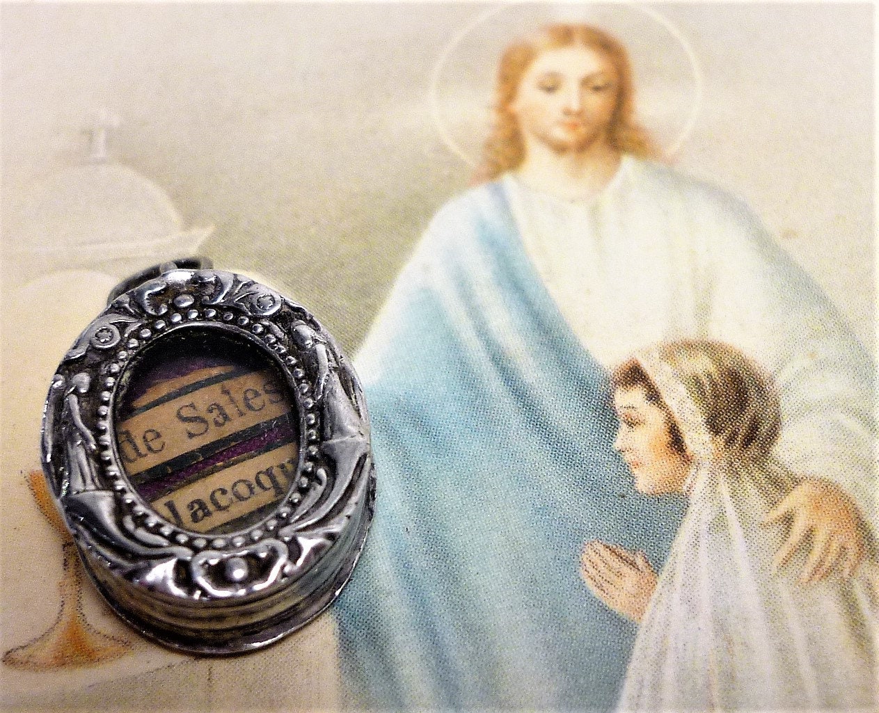 Reliquaire Antique Français en Argent St François de Sales Marguerite-Marie Alacoque