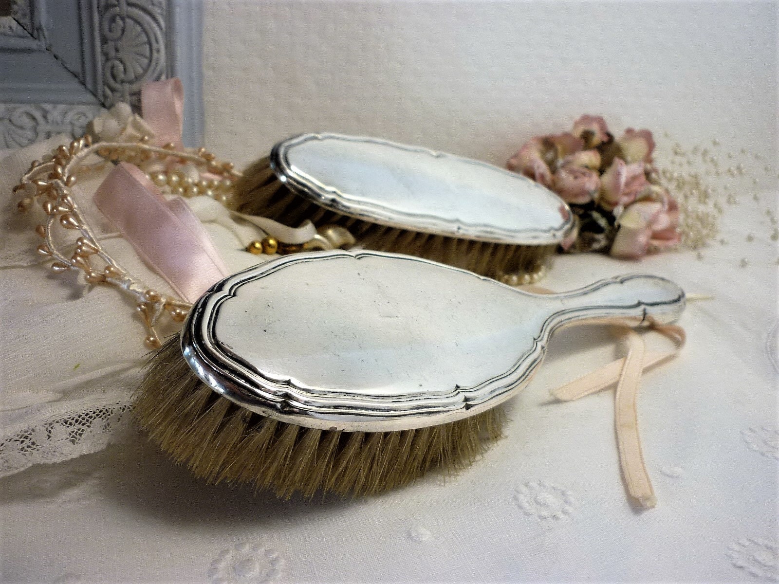 2 Brosses Anciennes Argent Massif Allemagne Set de Toilette