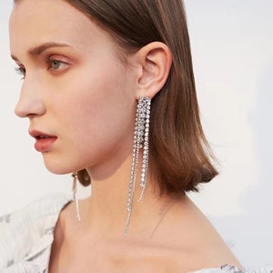 Crystal Tassel Drop Earrings, Silver, Statement Wedding Earrings, Bridal Earrings, Diamond Long Drop Earrings, Glamorous